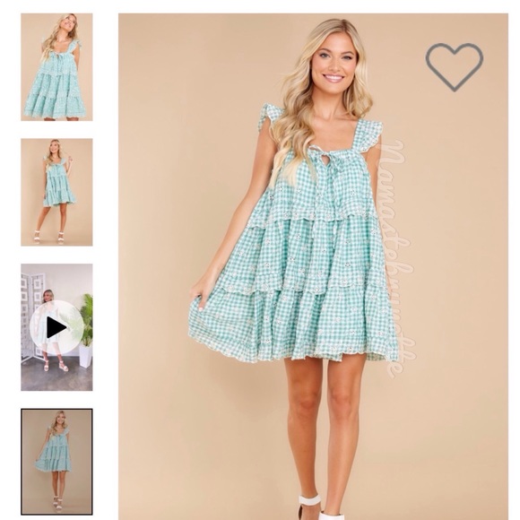 **SOLD***🌻NWOT🌻 Just Me Medium Flowy Green Gingham Embroidered Babydoll Mini - Picture 8 of 17